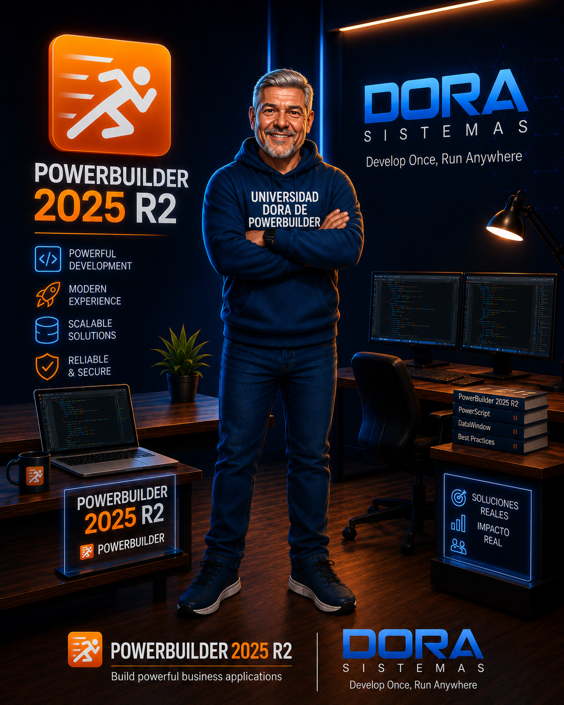 Ilustración de instructor y entorno de desarrollo PowerBuilder 2025 R2