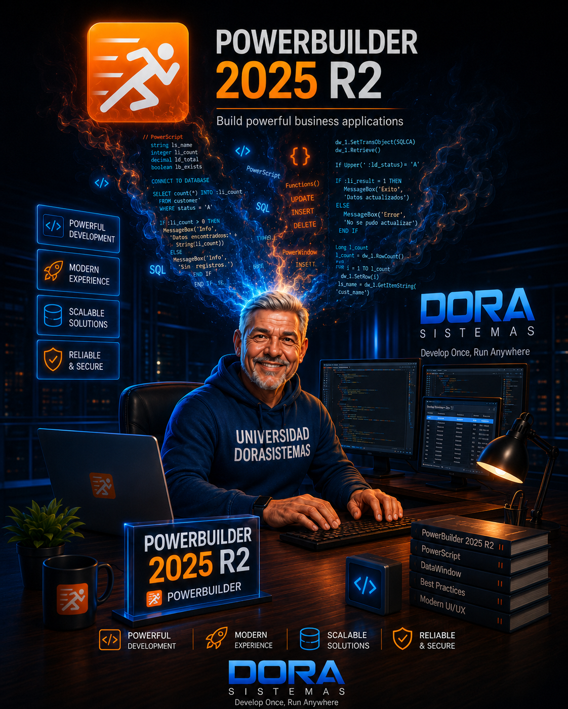 Ilustración promocional de PowerBuilder 2025 R2 y Dora Sistemas