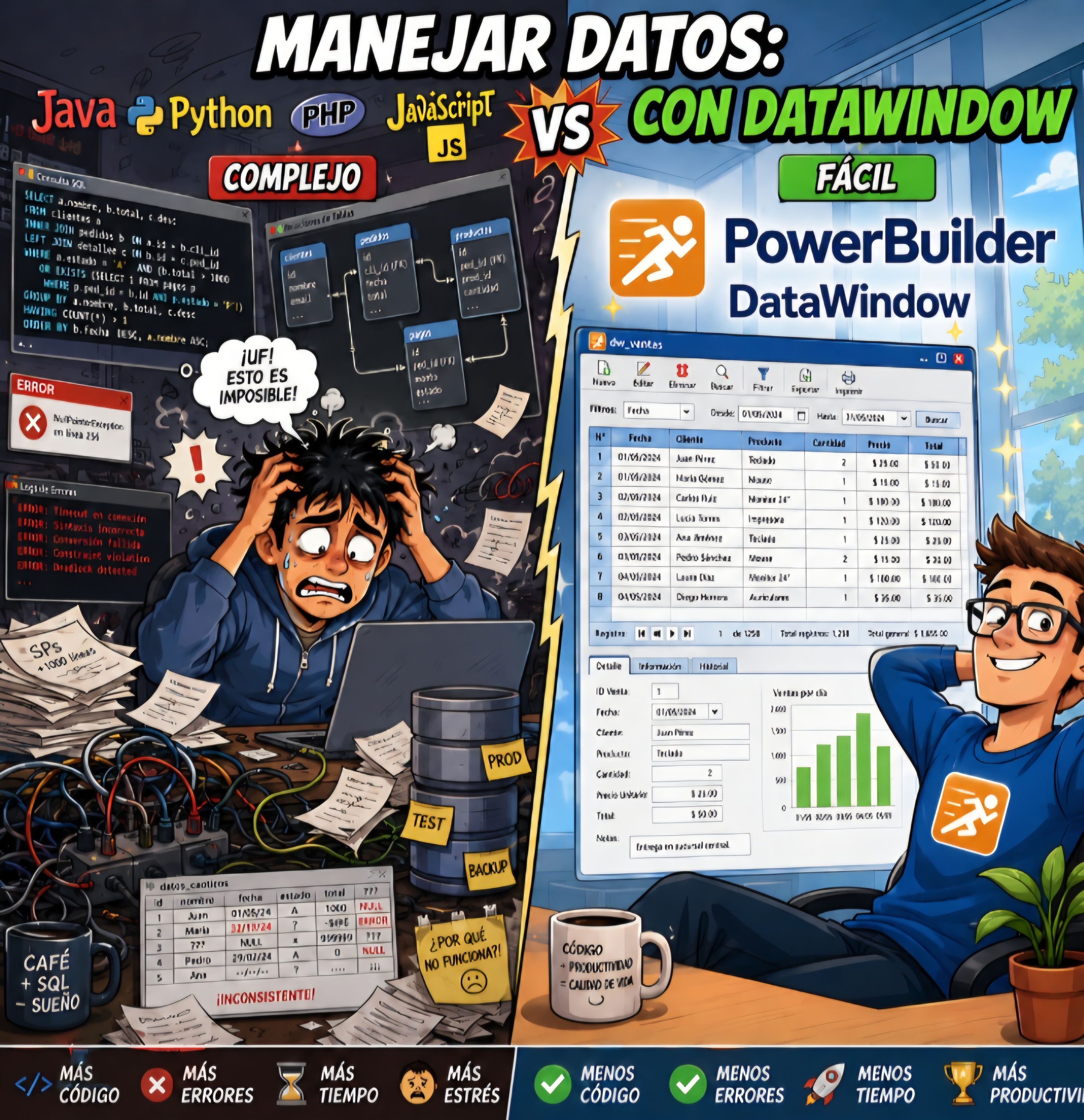 Ilustración comparativa entre lenguajes y DataWindow de PowerBuilder