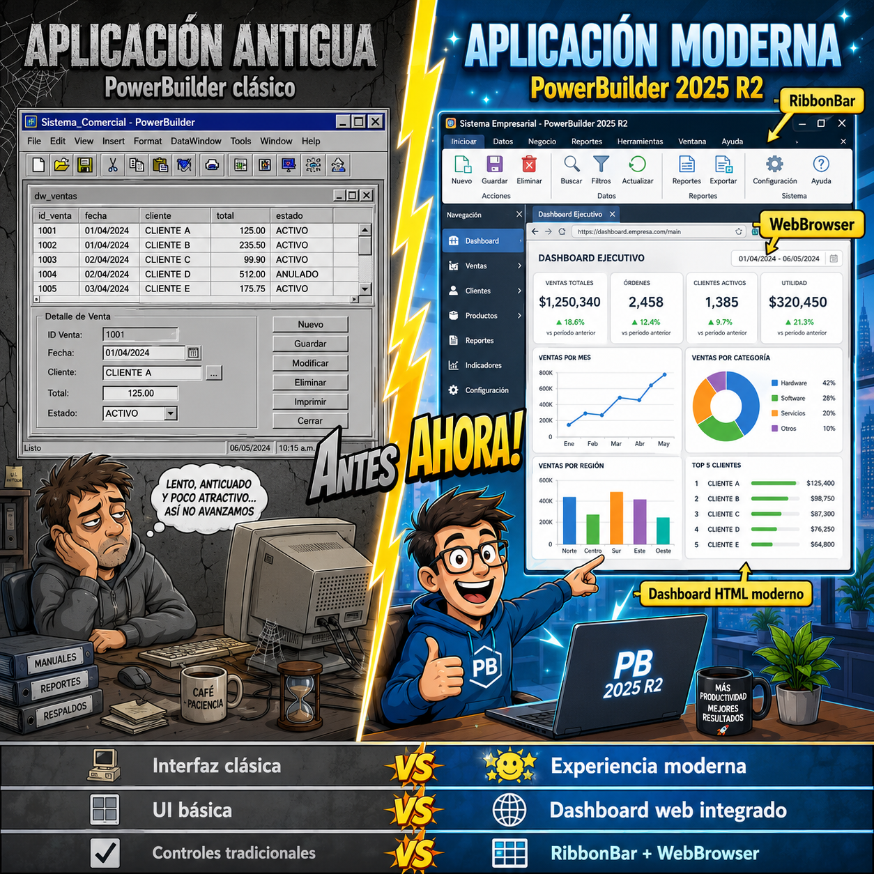 Ilustración de una aplicación PowerBuilder antigua frente a una moderna