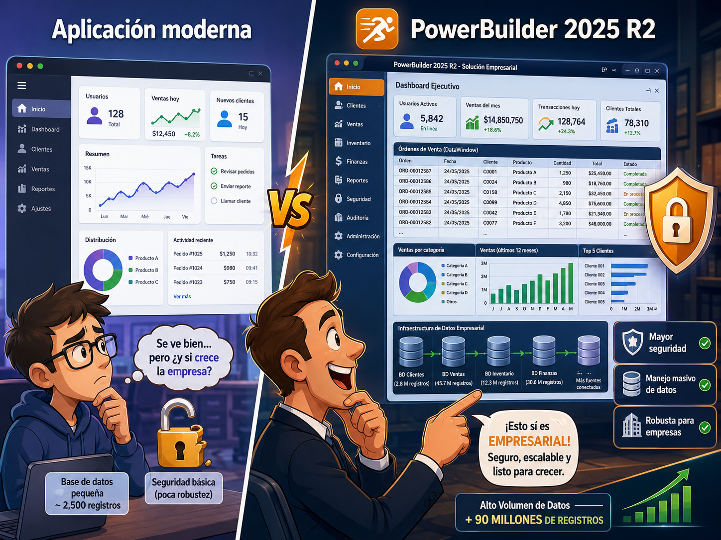 Ilustración comparativa de una aplicación moderna y PowerBuilder 2025 R2